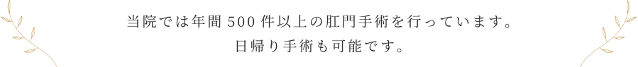 当院では年間500件以上の肛門手術を行っています。日帰り手術も可能です。