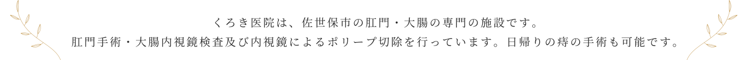 くろき医院は、佐世保市の肛門・大腸の専門の施設です。肛門手術・大腸内視鏡検査及び内視鏡によるポリープ切除を行っています。日帰りの痔の手術も可能です。