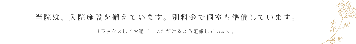 当院は、入院施設を備えています。別料金で個室も準備しています。リラックスしてお過ごしいただけるよう配慮しています。